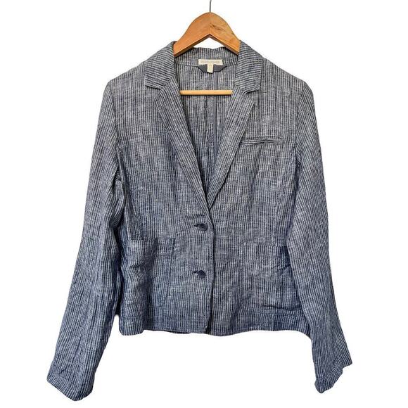 Eileen Fisher Lightweight Linen Stripe Blazer Size S Navy Single Breasted - Picture 1 of 11